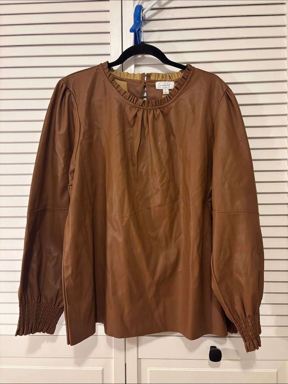 Mud Pie Brown Faux Leather Puff-Sleeve Blouse